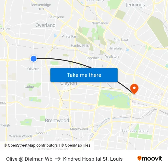Olive @ Dielman Wb to Kindred Hospital St. Louis map
