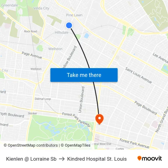 Kienlen @ Lorraine Sb to Kindred Hospital St. Louis map