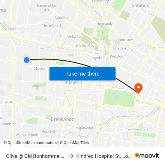 Olive @ Old Bonhomme Wb to Kindred Hospital St. Louis map