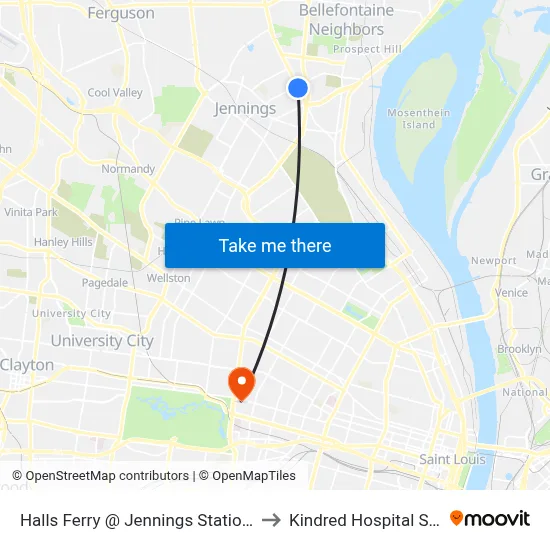 Halls Ferry @ Jennings Station Road Sb to Kindred Hospital St. Louis map