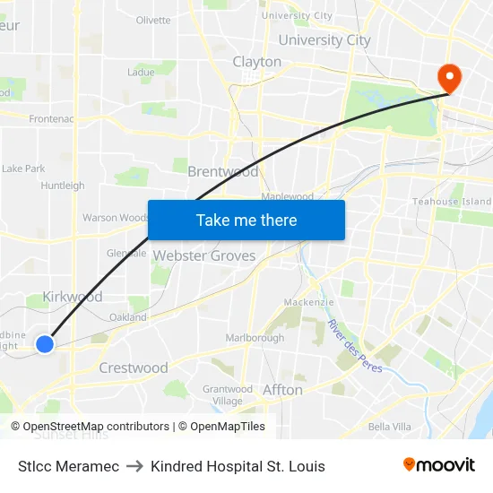 Stlcc Meramec to Kindred Hospital St. Louis map