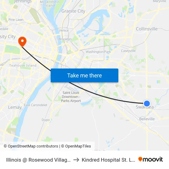 Illinois @ Rosewood Village Nb to Kindred Hospital St. Louis map