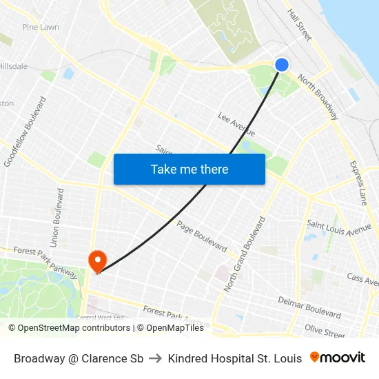 Broadway @ Clarence Sb to Kindred Hospital St. Louis map