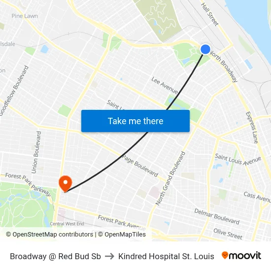 Broadway @ Red Bud Sb to Kindred Hospital St. Louis map