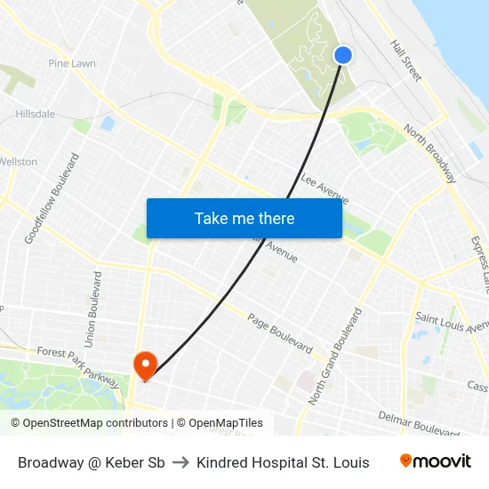 Broadway @ Keber Sb to Kindred Hospital St. Louis map