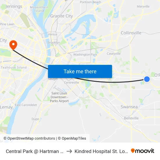 Central Park @ Hartman Wb to Kindred Hospital St. Louis map