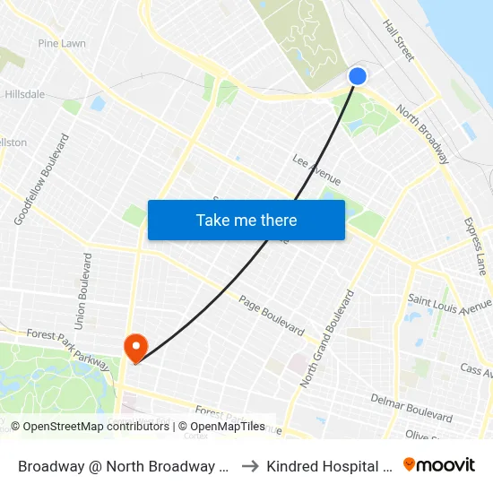 Broadway @ North Broadway Transit Ctr Sb to Kindred Hospital St. Louis map