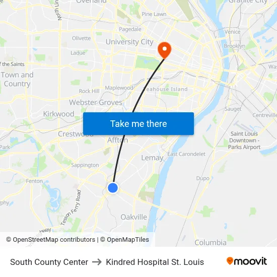 South County Center to Kindred Hospital St. Louis map