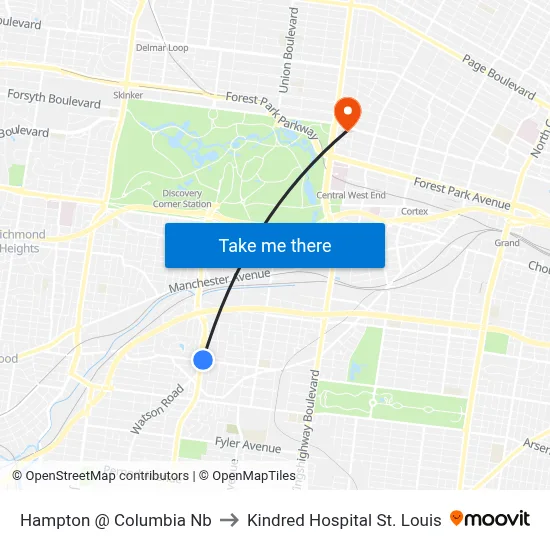 Hampton @ Columbia Nb to Kindred Hospital St. Louis map