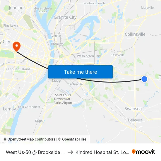 West Us-50 @ Brookside Wb to Kindred Hospital St. Louis map