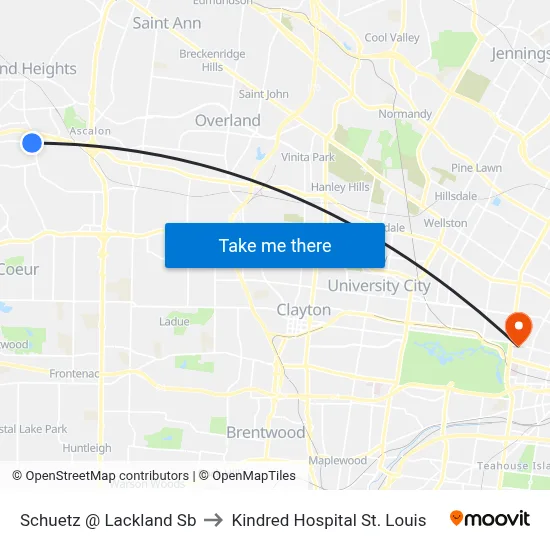 Schuetz @ Lackland Sb to Kindred Hospital St. Louis map