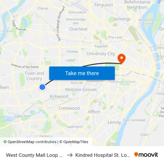 West County Mall Loop Wb to Kindred Hospital St. Louis map