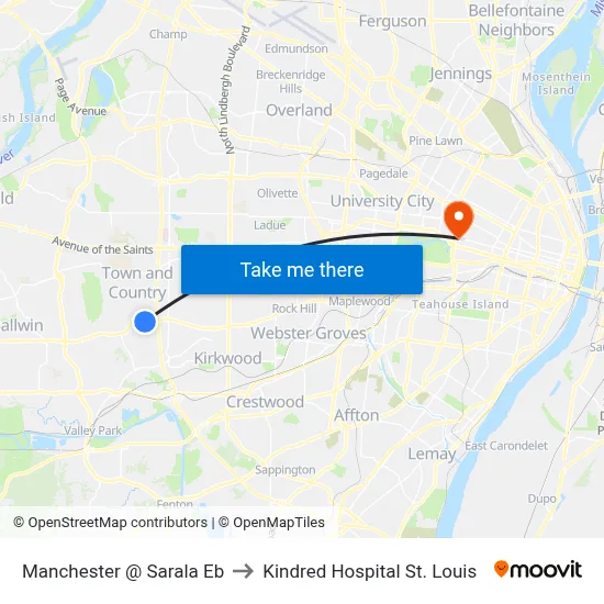 Manchester @ Sarala Eb to Kindred Hospital St. Louis map