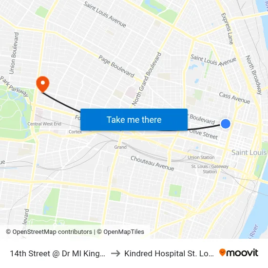 14th Street @ Dr Ml King Sb to Kindred Hospital St. Louis map