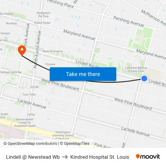 Lindell @ Newstead Wb to Kindred Hospital St. Louis map