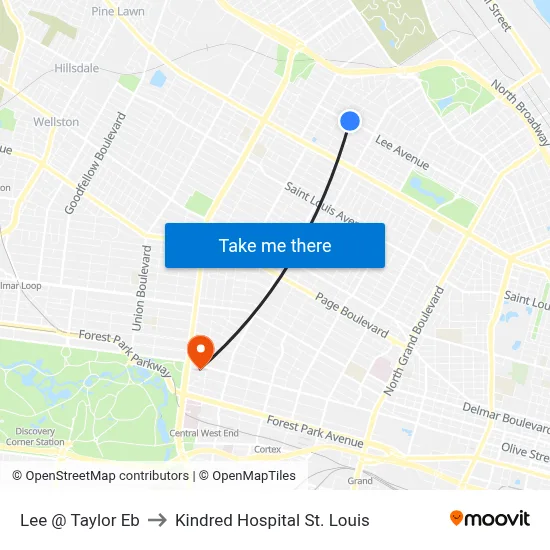 Lee @ Taylor Eb to Kindred Hospital St. Louis map
