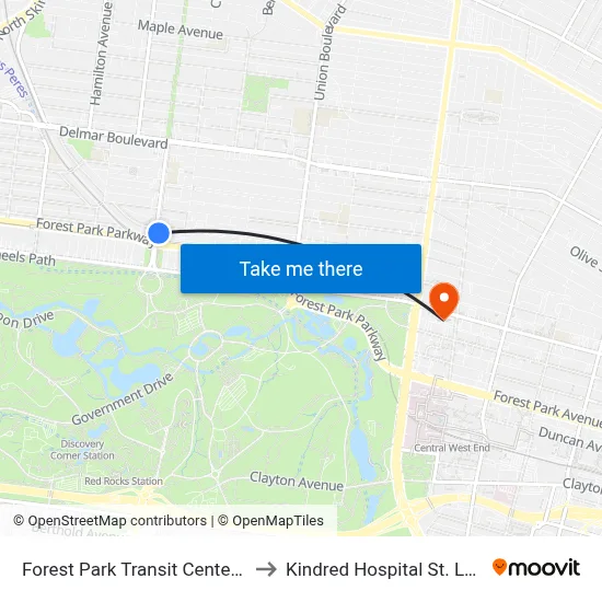 Forest Park Transit Center Nb to Kindred Hospital St. Louis map