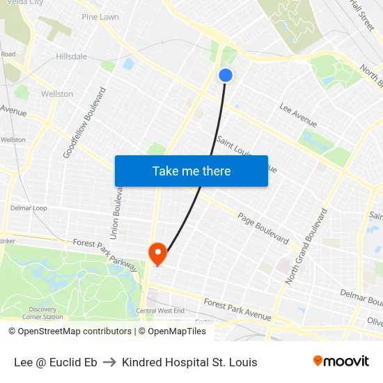 Lee @ Euclid Eb to Kindred Hospital St. Louis map
