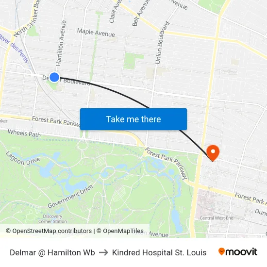 Delmar @ Hamilton Wb to Kindred Hospital St. Louis map