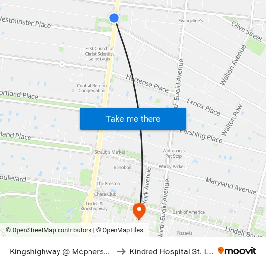 Kingshighway @ Mcpherson Sb to Kindred Hospital St. Louis map