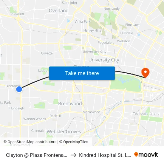 Clayton @ Plaza Frontenac Wb to Kindred Hospital St. Louis map