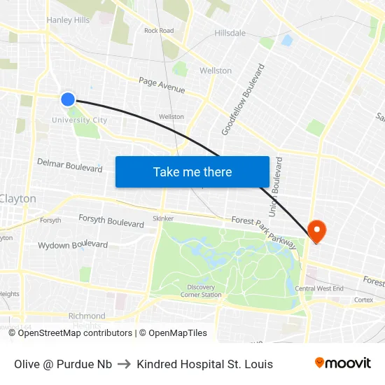 Olive @ Purdue Nb to Kindred Hospital St. Louis map