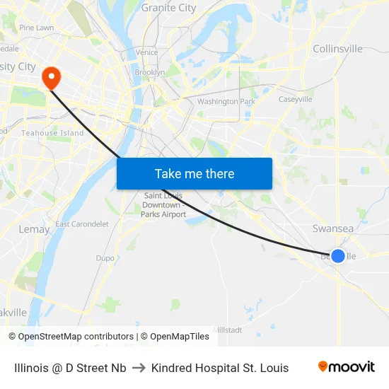 Illinois @ D Street Nb to Kindred Hospital St. Louis map