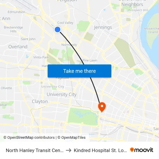 North Hanley Transit Center to Kindred Hospital St. Louis map