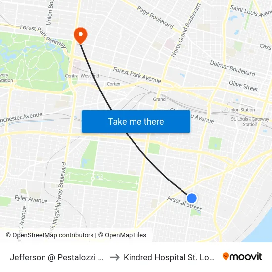 Jefferson @ Pestalozzi Sb to Kindred Hospital St. Louis map