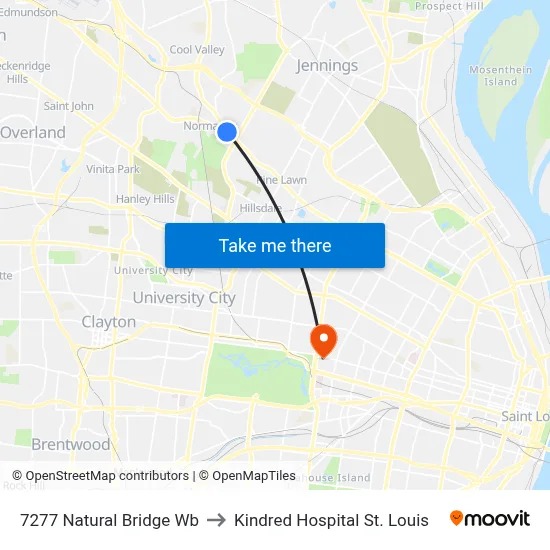 7277 Natural Bridge Wb to Kindred Hospital St. Louis map