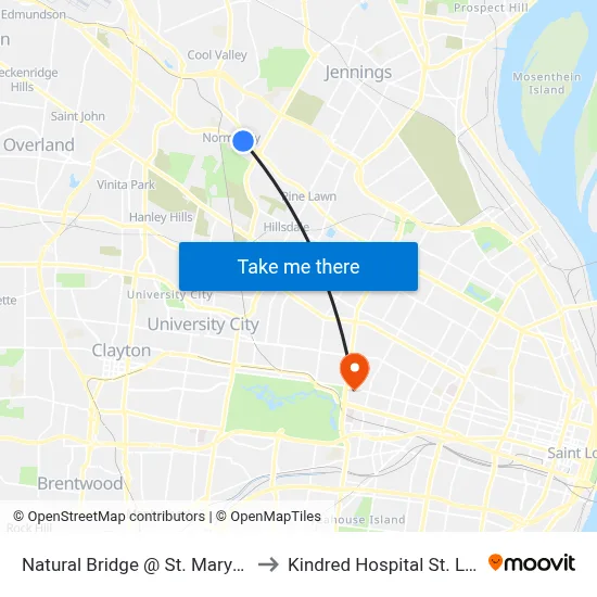 Natural Bridge @ St. Marys Wb to Kindred Hospital St. Louis map