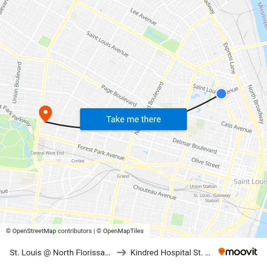 St. Louis @ North Florissant Wb to Kindred Hospital St. Louis map