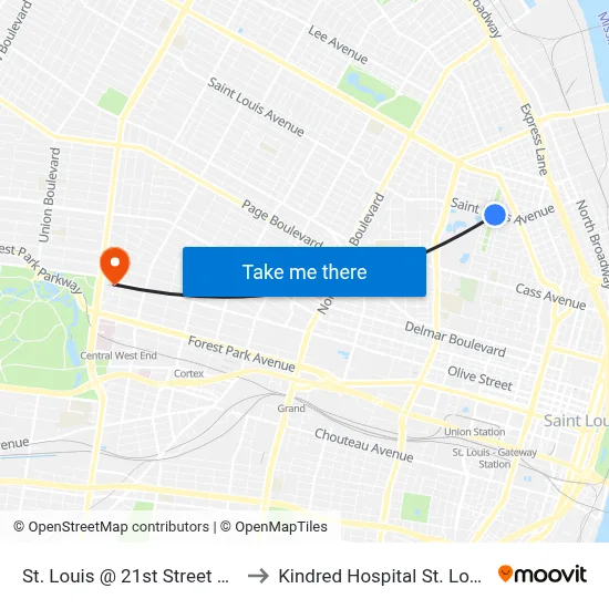 St. Louis @ 21st Street Wb to Kindred Hospital St. Louis map