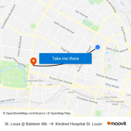 St. Louis @ Baldwin Wb to Kindred Hospital St. Louis map