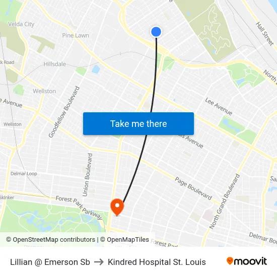 Lillian @ Emerson Sb to Kindred Hospital St. Louis map