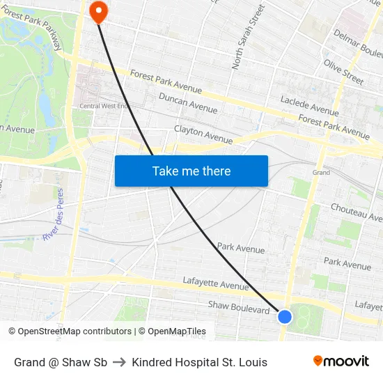 Grand @ Shaw Sb to Kindred Hospital St. Louis map