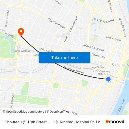 Chouteau @ 10th Street Wb to Kindred Hospital St. Louis map