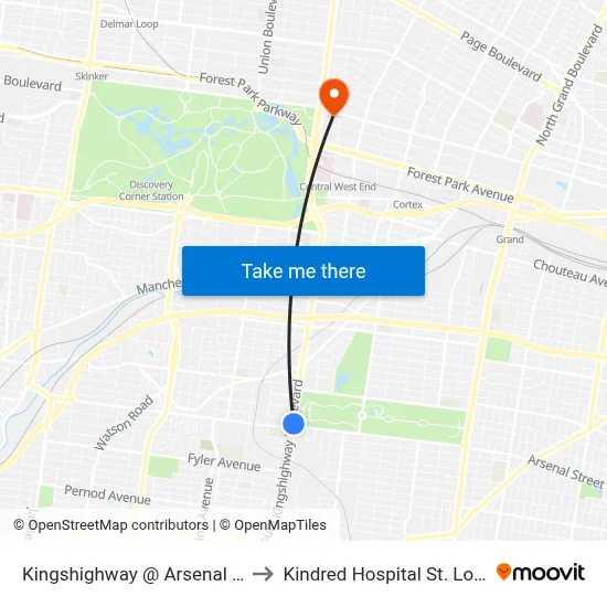 Kingshighway @ Arsenal Nb to Kindred Hospital St. Louis map