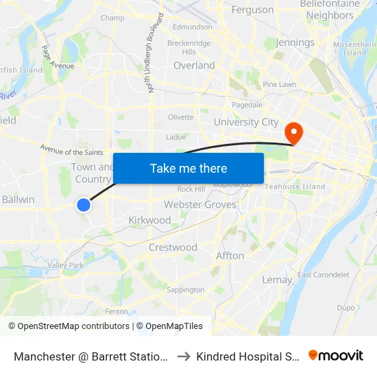 Manchester @ Barrett Station Road Eb to Kindred Hospital St. Louis map