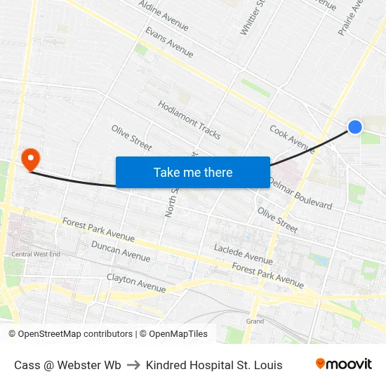 Cass @ Webster Wb to Kindred Hospital St. Louis map