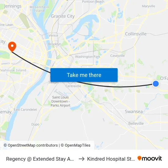 Regency @ Extended Stay America Sb to Kindred Hospital St. Louis map