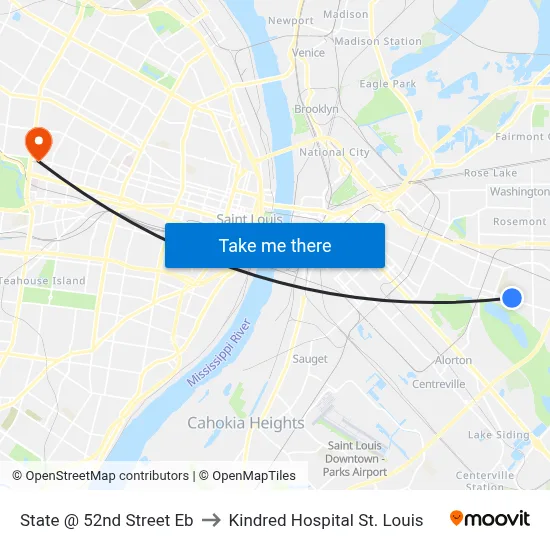 State @ 52nd Street Eb to Kindred Hospital St. Louis map