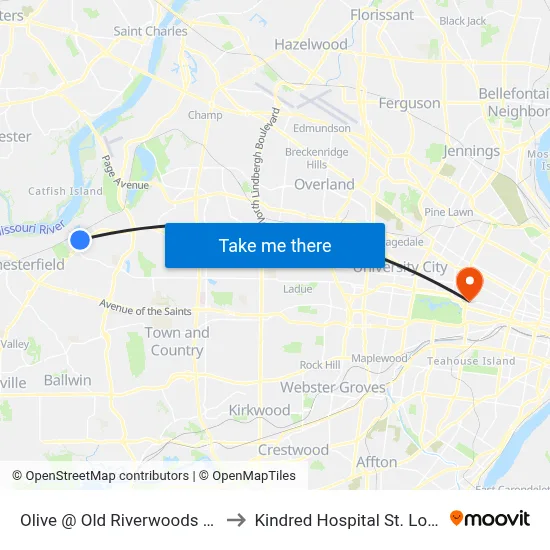 Olive @ Old Riverwoods Wb to Kindred Hospital St. Louis map