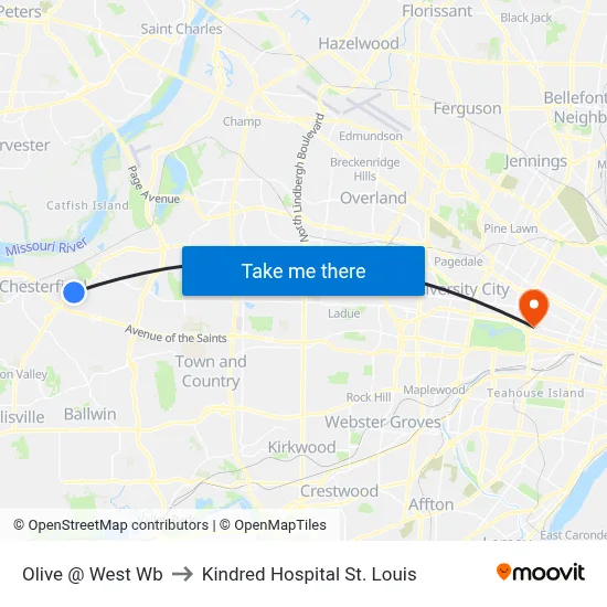 Olive @ West Wb to Kindred Hospital St. Louis map