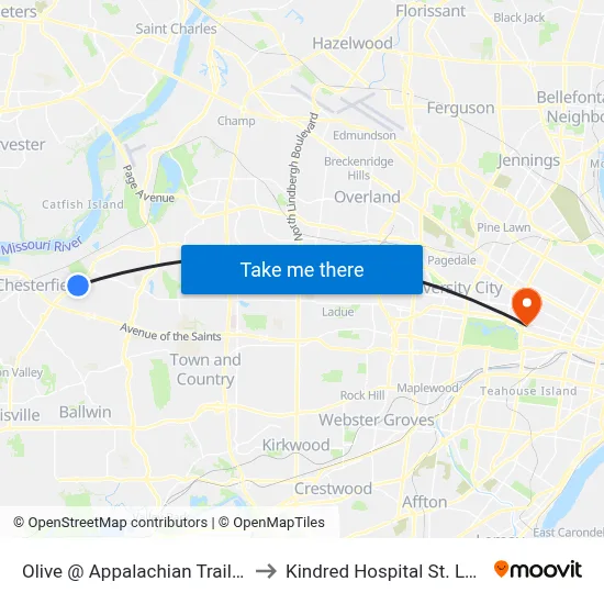 Olive @ Appalachian Trail Wb to Kindred Hospital St. Louis map