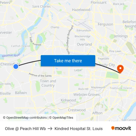 Olive @ Peach Hill Wb to Kindred Hospital St. Louis map