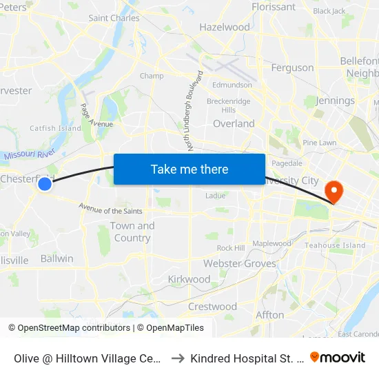 Olive @ Hilltown Village Center Wb to Kindred Hospital St. Louis map