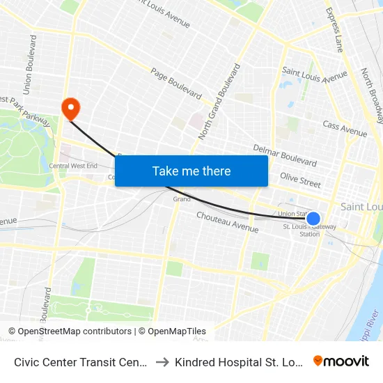 Civic Center Transit Center to Kindred Hospital St. Louis map
