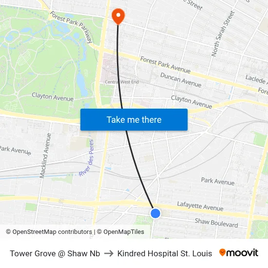 Tower Grove @ Shaw Nb to Kindred Hospital St. Louis map