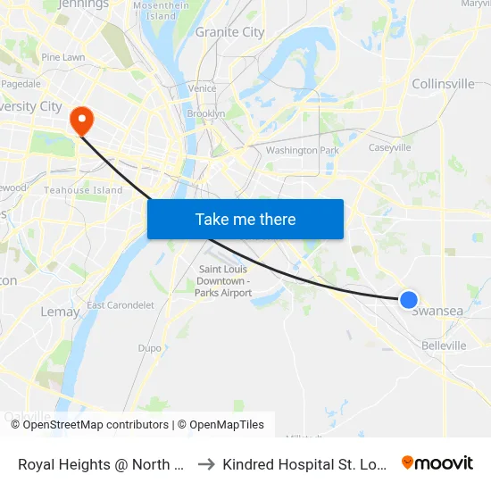 Royal Heights @ North Nb to Kindred Hospital St. Louis map